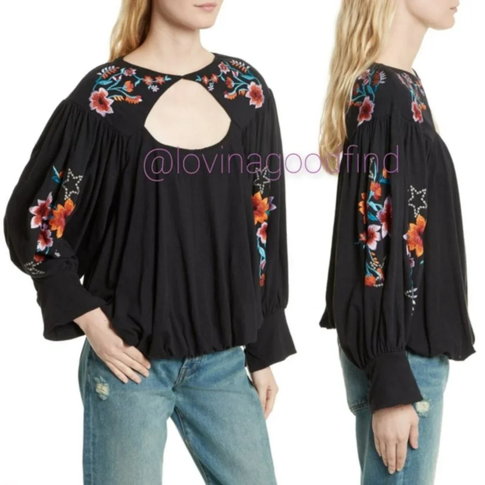 FREE PEOPLE Black Floral Embroidered Keyhole Ballin Sleeve Boho Top EUC sz M